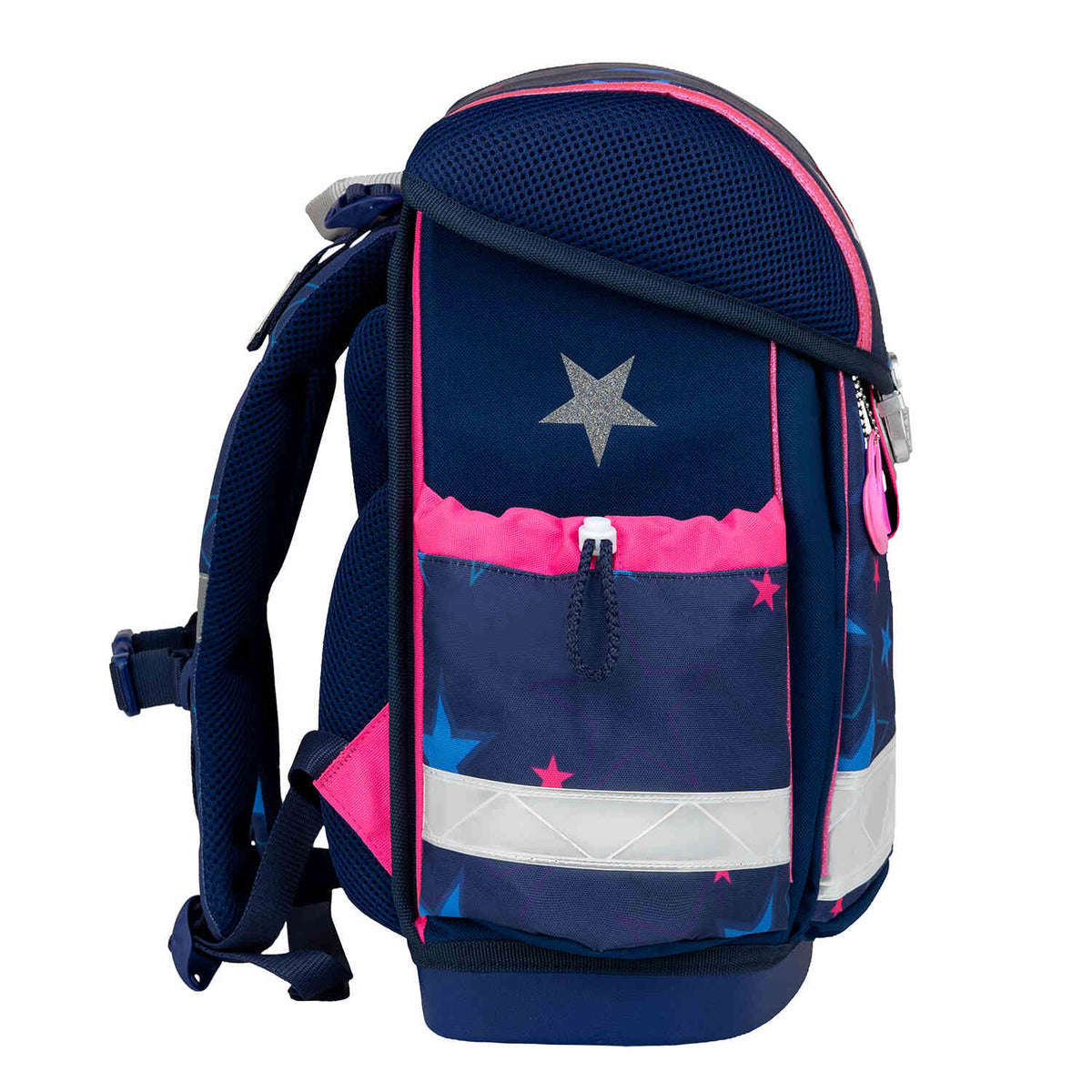 The Ergonomic School Bag Set for Girls – Belmil Classy Sparkling Star (5 pcs) demonstrating the reflective details for safety in low-light conditions.