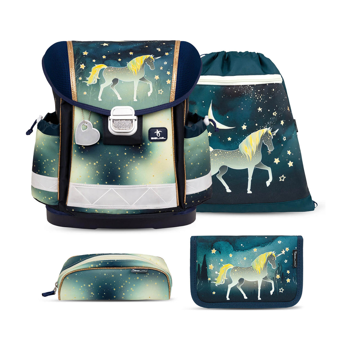 Ergonomic School Bag Set for Girls – Belmil Classy Sparkling Unicorn (4 pcs) showcasing a stylish unicorn design.