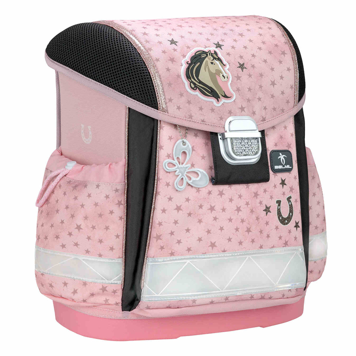 Ergonomic School Bag Set for Girls – Belmil Classy Star Horses (4 pcs) shown with open compartments revealing spacious organization for books and supplies.