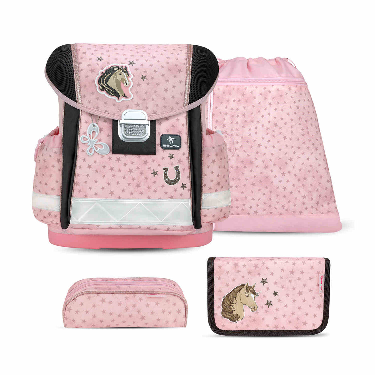 Front view of the Ergonomic School Bag Set for Girls – Belmil Classy Star Horses (4 pcs) showcasing the stylish soft pink design with horse motif.