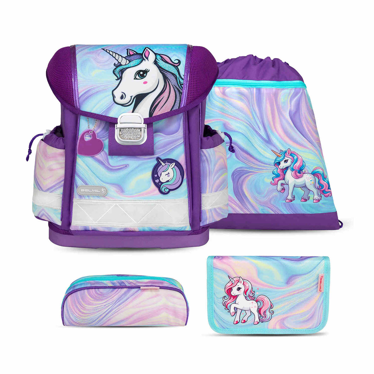 Front view of the Ergonomic School Bag Set for Girls – Belmil Classy Unicorn Dream (4 pcs) showcasing its magical unicorn design.