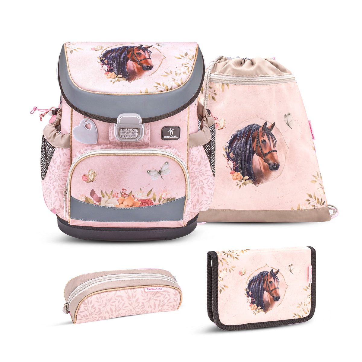 Mini-Fit Horse Chestnut schoolbag set 4 pcs featuring an ergonomic design, perfect for young girls. Ergonomic School Bag Set for Girls – Belmil Mini-Fit Horse Chestnut (4 pcs) covers all school essentials.