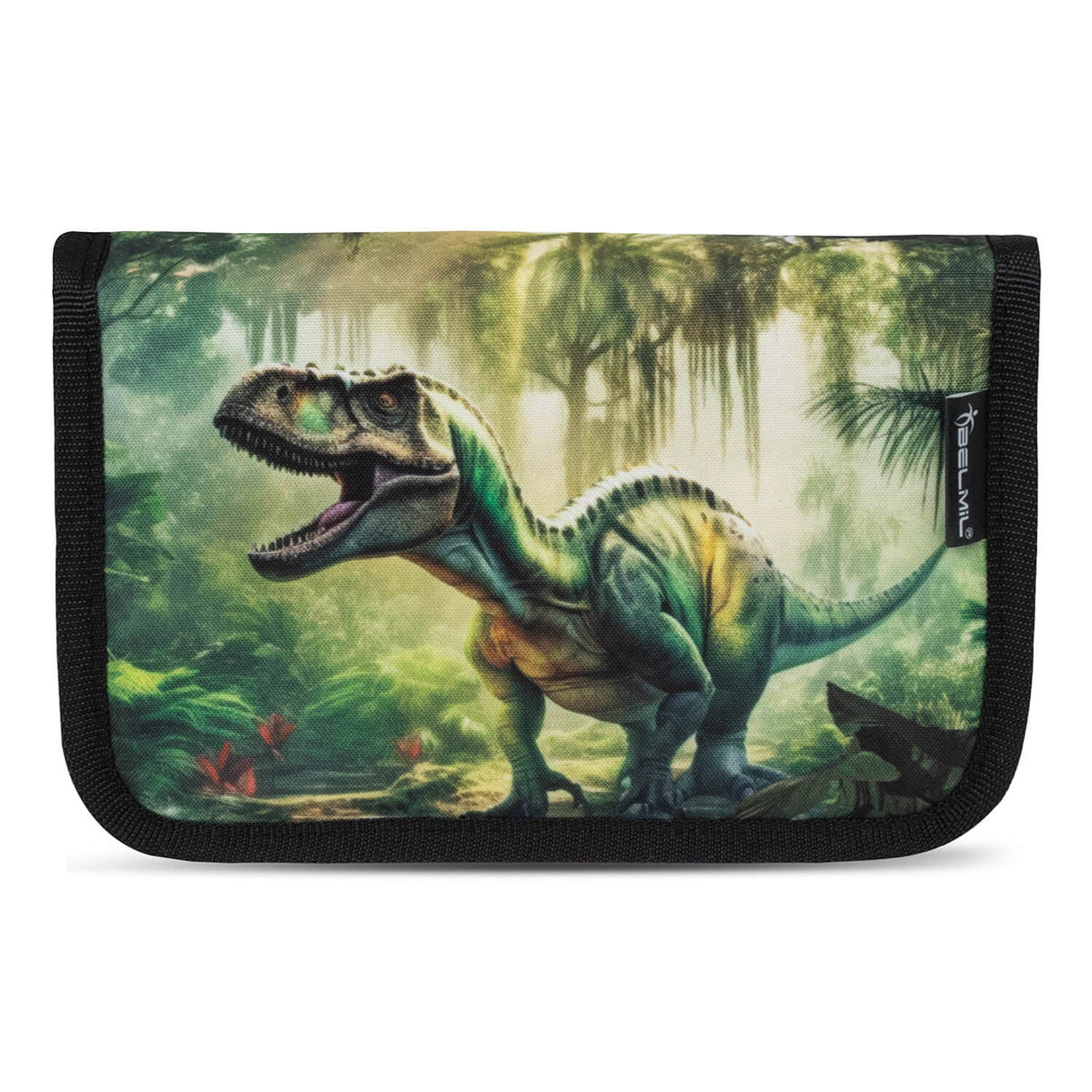 Display of all items included in the Belmil Mini-Fit Ergonomic School Bag Set for Boys “Lost World” Design + Dinosaur Raincoat – 5-Piece Compact and Back-Friendly School Starter Set.