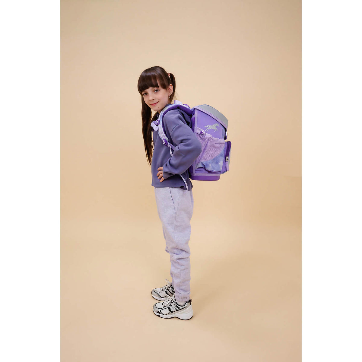 Inside view of the Ergonomic School Bag Set for Girls – Belmil Mini-Fit Mistyc Luna (4 pcs) with spacious compartments for A4 materials.