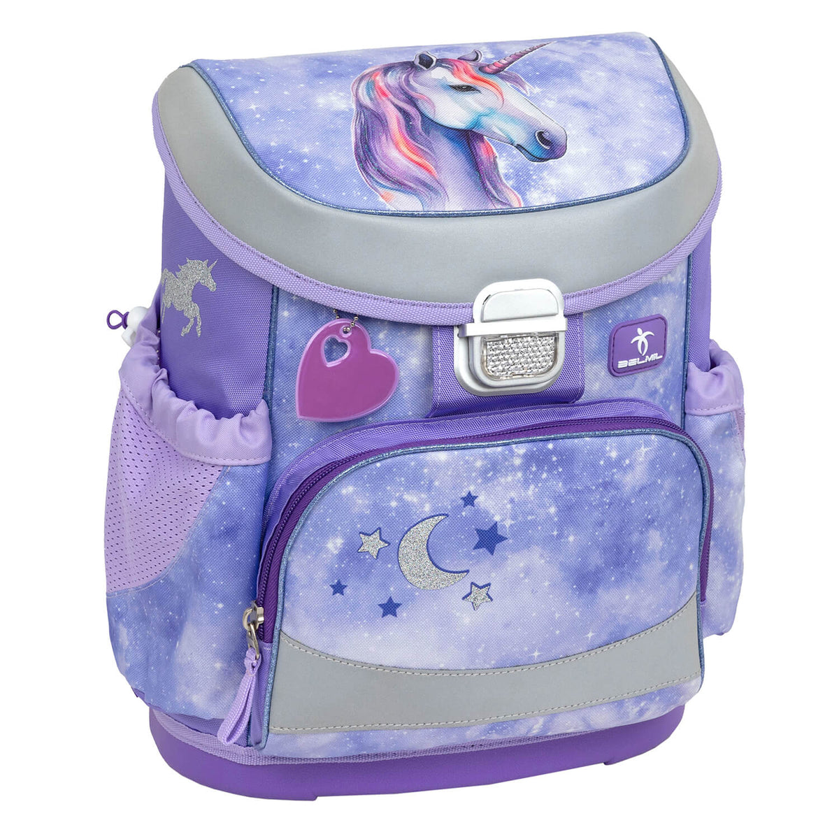 Ergonomic School Bag Set for Girls – Belmil Mini-Fit Mistyc Luna (4 pcs) displayed in a colorful outdoor setting, ideal for school.
