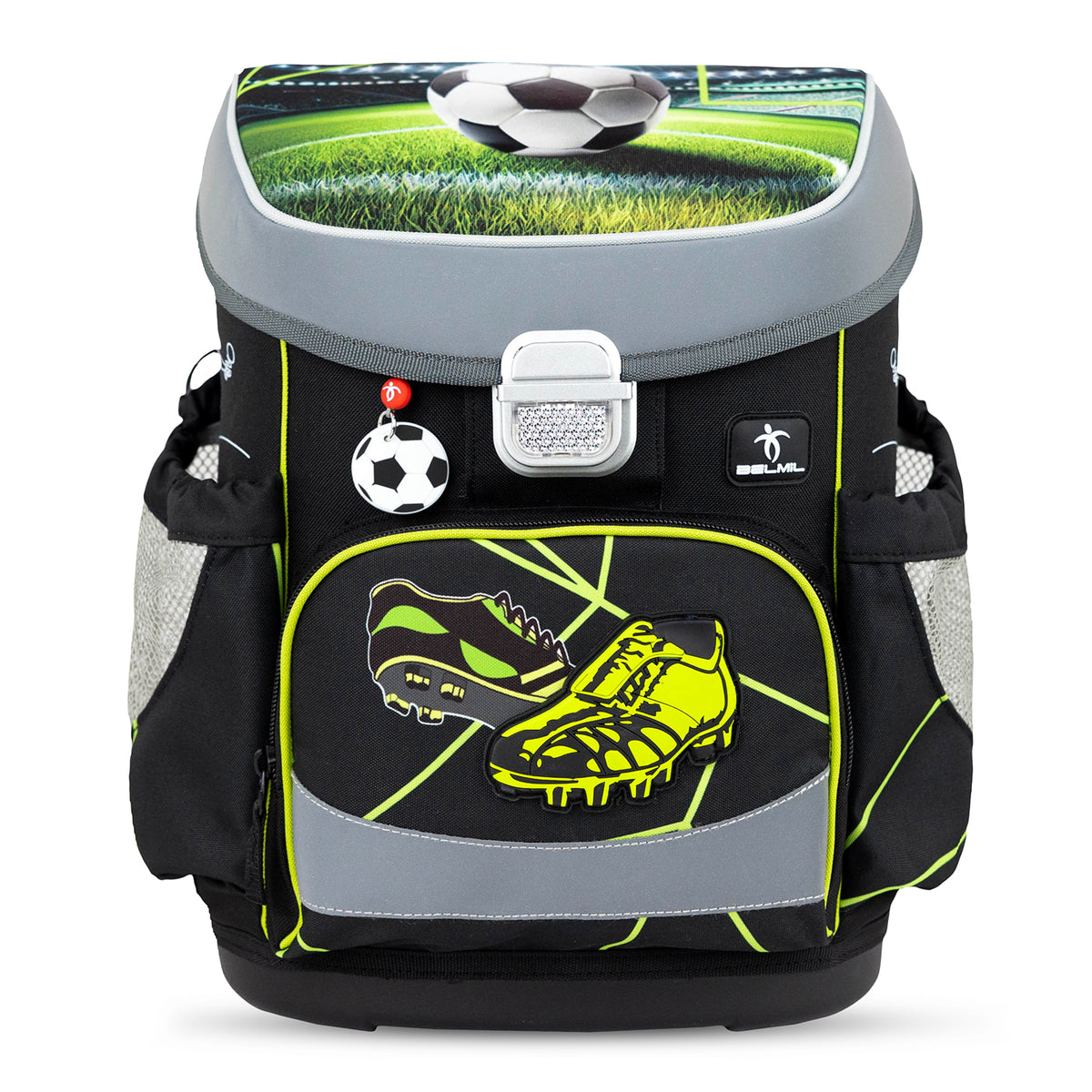 Metal buckle and breathable back padding of the Belmil Mini-Fit Ergonomic School Bag Set “Champion's Kick” for kids, designed for safety and comfort.