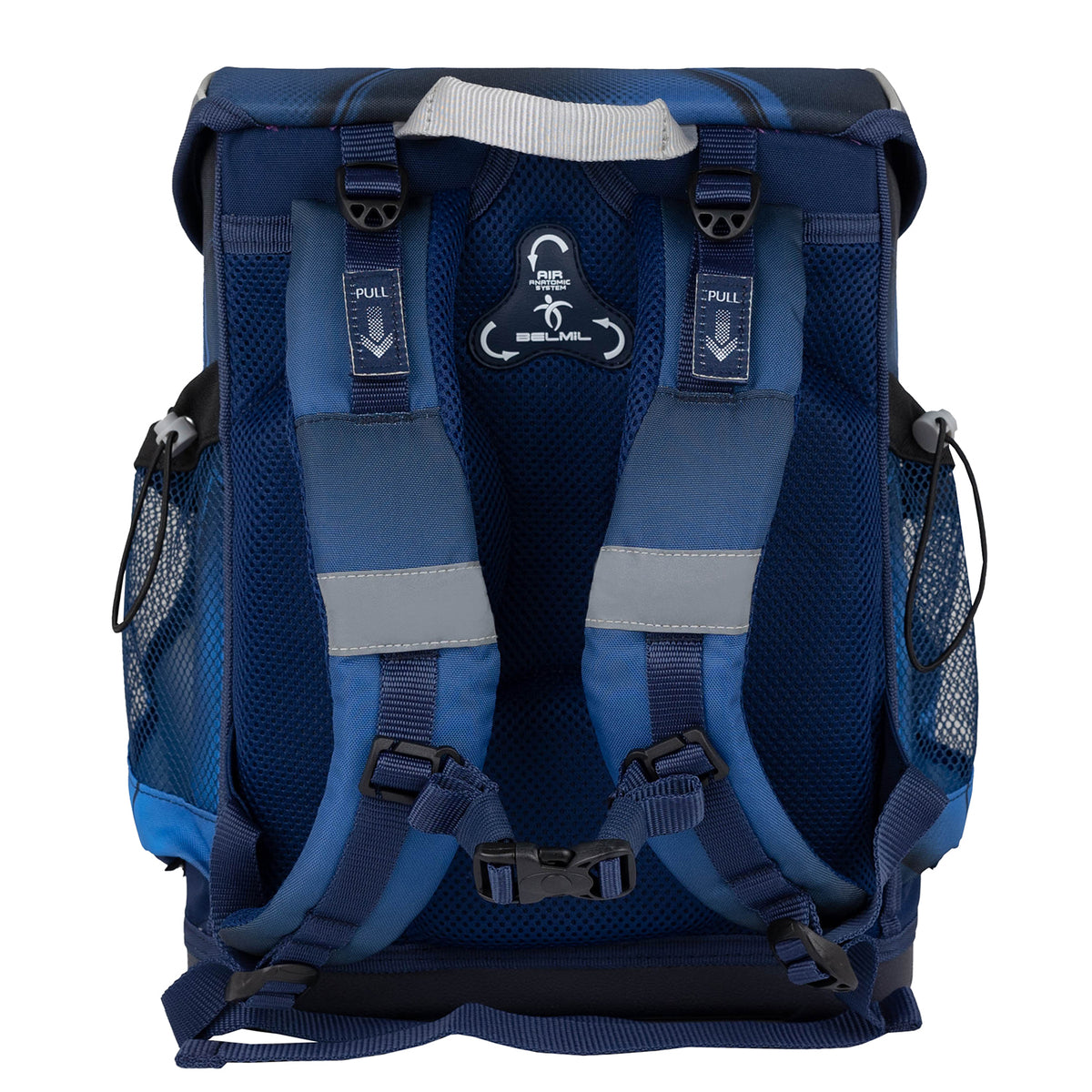 Safety features of the Ergonomic School Bag Set for Boys – Belmil Mini-Fit Football 4 (4 pcs) including reflective elements and secure metal buckle.