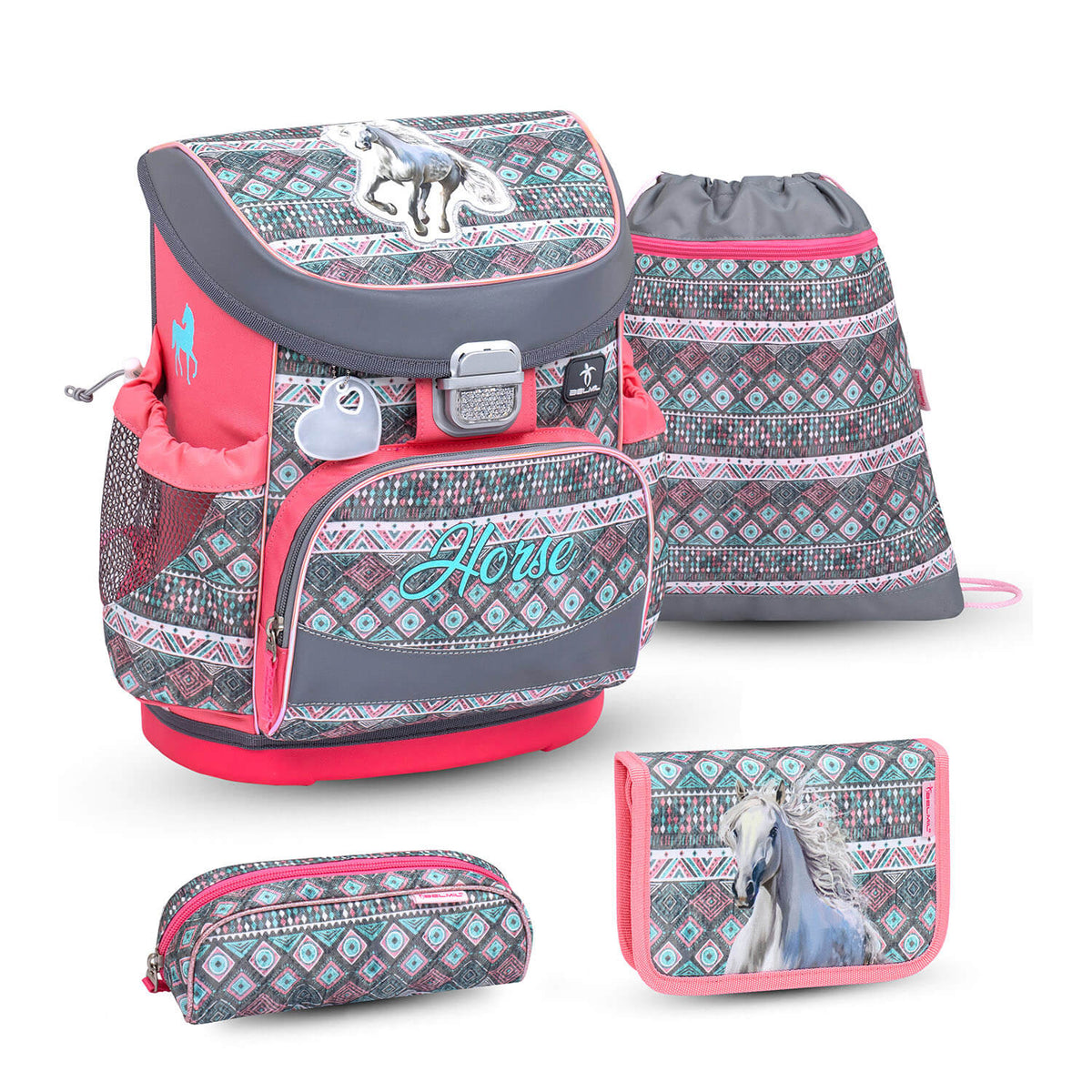 RAINPONCHO Ergonomic School Bag Set for Girls - Belmil Mini-Fit Horse Aruba Blue design with unicorn raincoat - 5-piece set for school starters.
