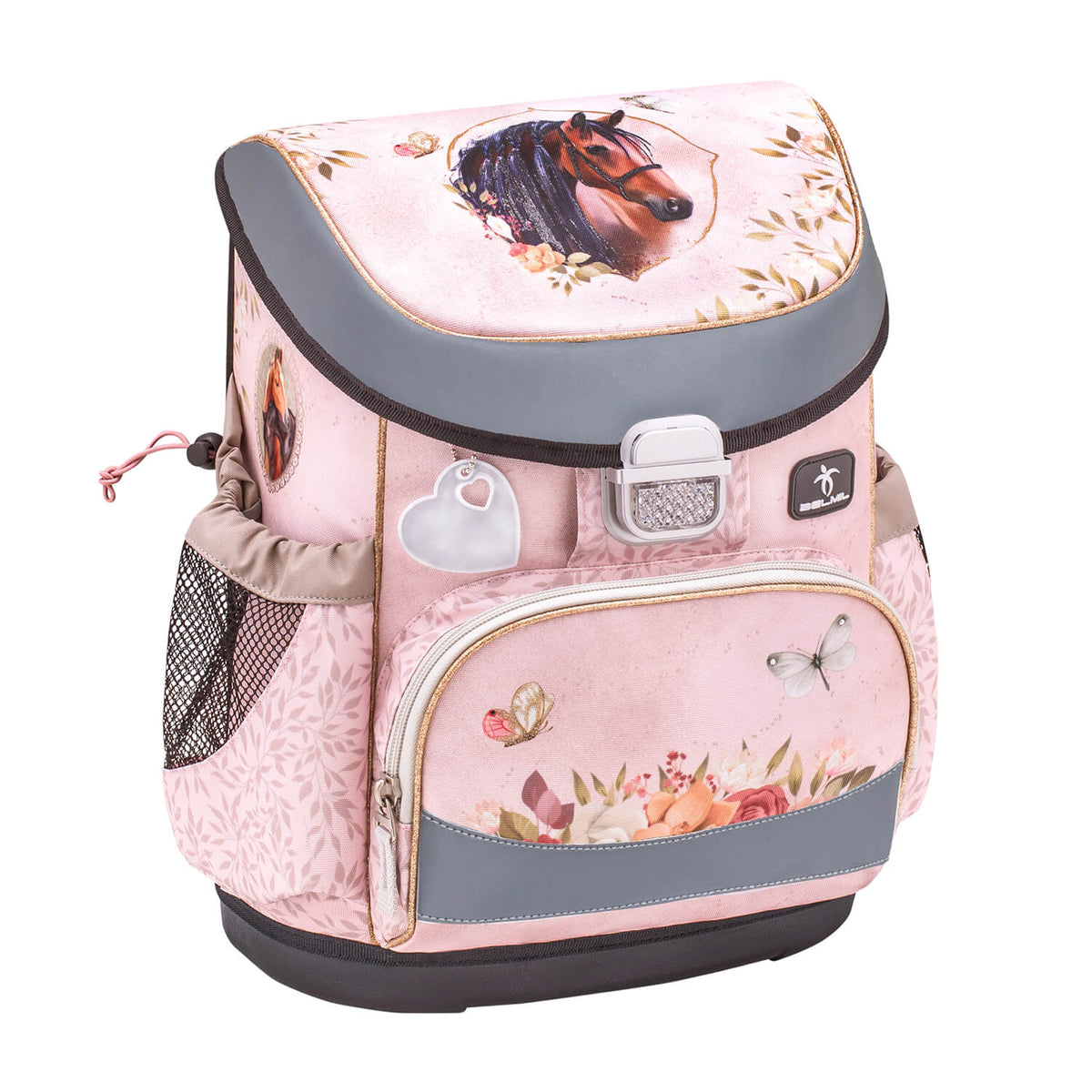 Belmil Mini-Fit Horse Chestnut schoolbag set displayed with its accessories, ideal for first graders. Ergonomic School Bag Set for Girls – Belmil Mini-Fit Horse Chestnut (4 pcs) includes essential school items.