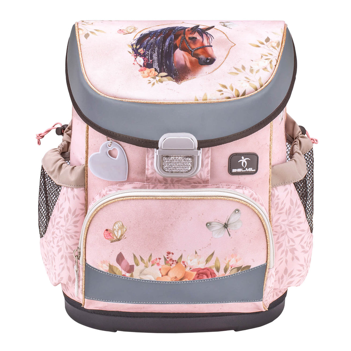 Detail of the reflective buckle on the Belmil Mini-Fit Horse Chestnut schoolbag set, promoting safety for children. Ergonomic School Bag Set for Girls – Belmil Mini-Fit Horse Chestnut (4 pcs) with safety features.
