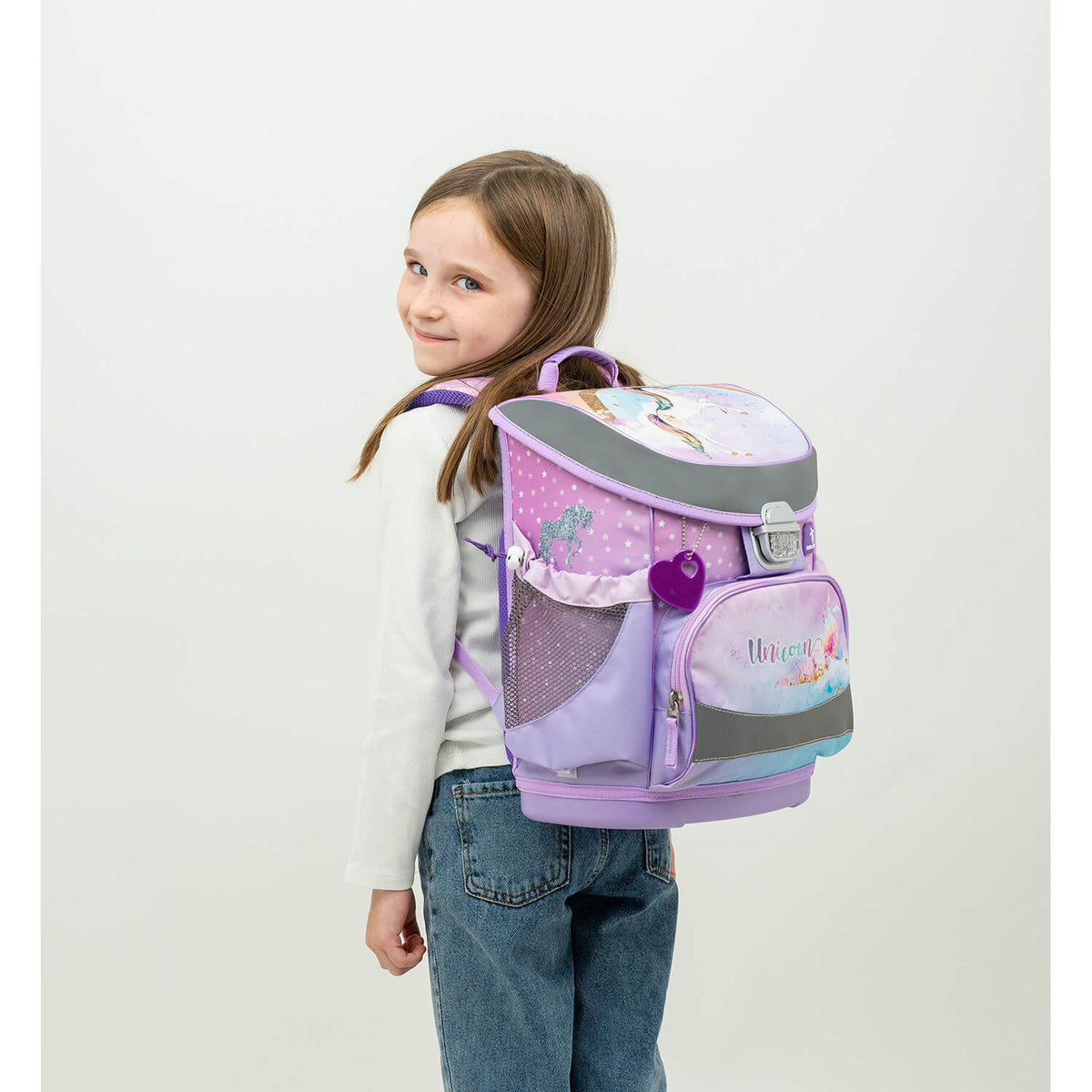 Ergonomic School Bag Set for Girls – Belmil Mini-Fit Rainbow Unicorn (4 pcs), designed for young students with a fun unicorn theme.