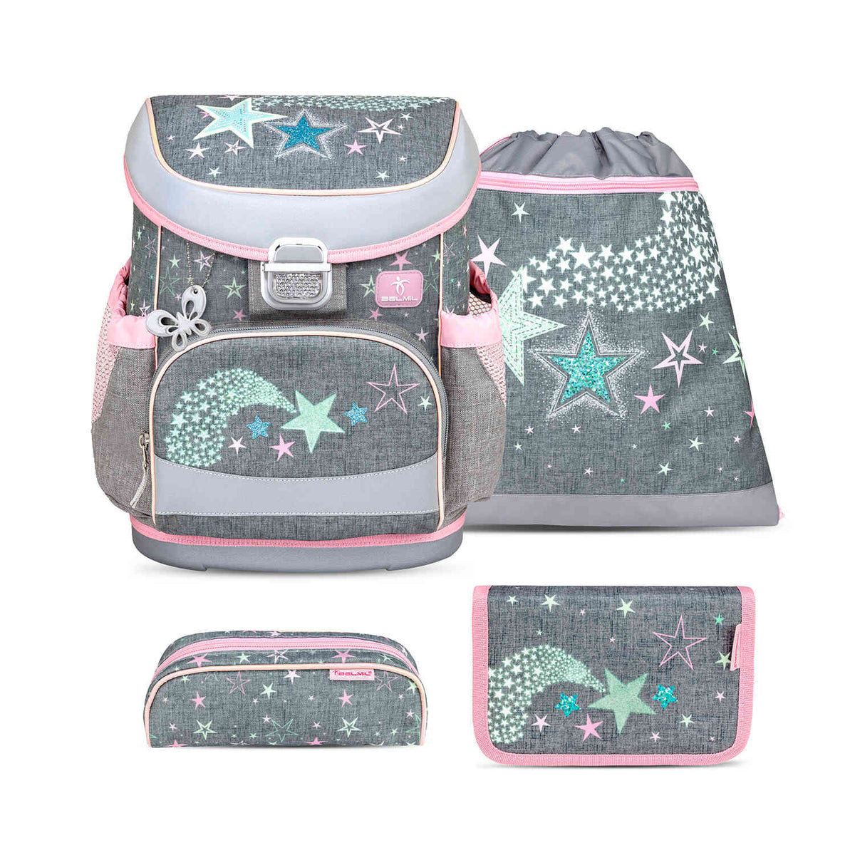 Mini-Fit Shine Bright schoolbag set 4 pcs featuring ergonomic design, perfect for first graders. Ergonomic School Bag Set for Girls – Belmil Mini-Fit Shine Bright (4 pcs).