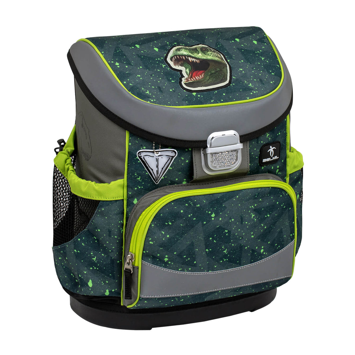 Front view of the Belmil Mini-Fit T-rex Roar schoolbag, showing the zipper and reflective features - Ergonomic School Bag Set for Boys – Belmil Mini-Fit T-rex Roar (4 pcs).