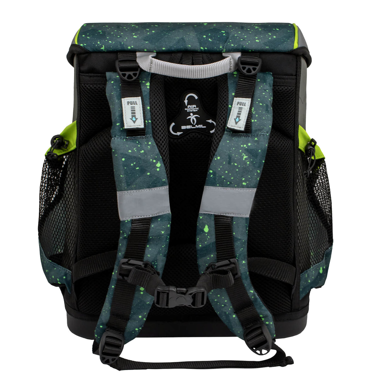Side profile of the Belmil Mini-Fit T-rex Roar schoolbag, highlighting its ergonomic design and breathable back padding - Ergonomic School Bag Set for Boys – Belmil Mini-Fit T-rex Roar (4 pcs).
