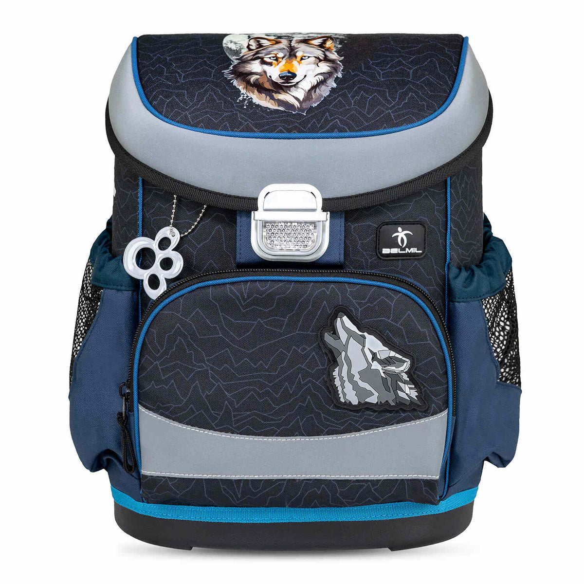 Ergonomic School Bag Set for Boys – Belmil Mini-Fit Wolves Pack (4 pcs) highlighting the lightweight design and spacious compartments ideal for first graders.