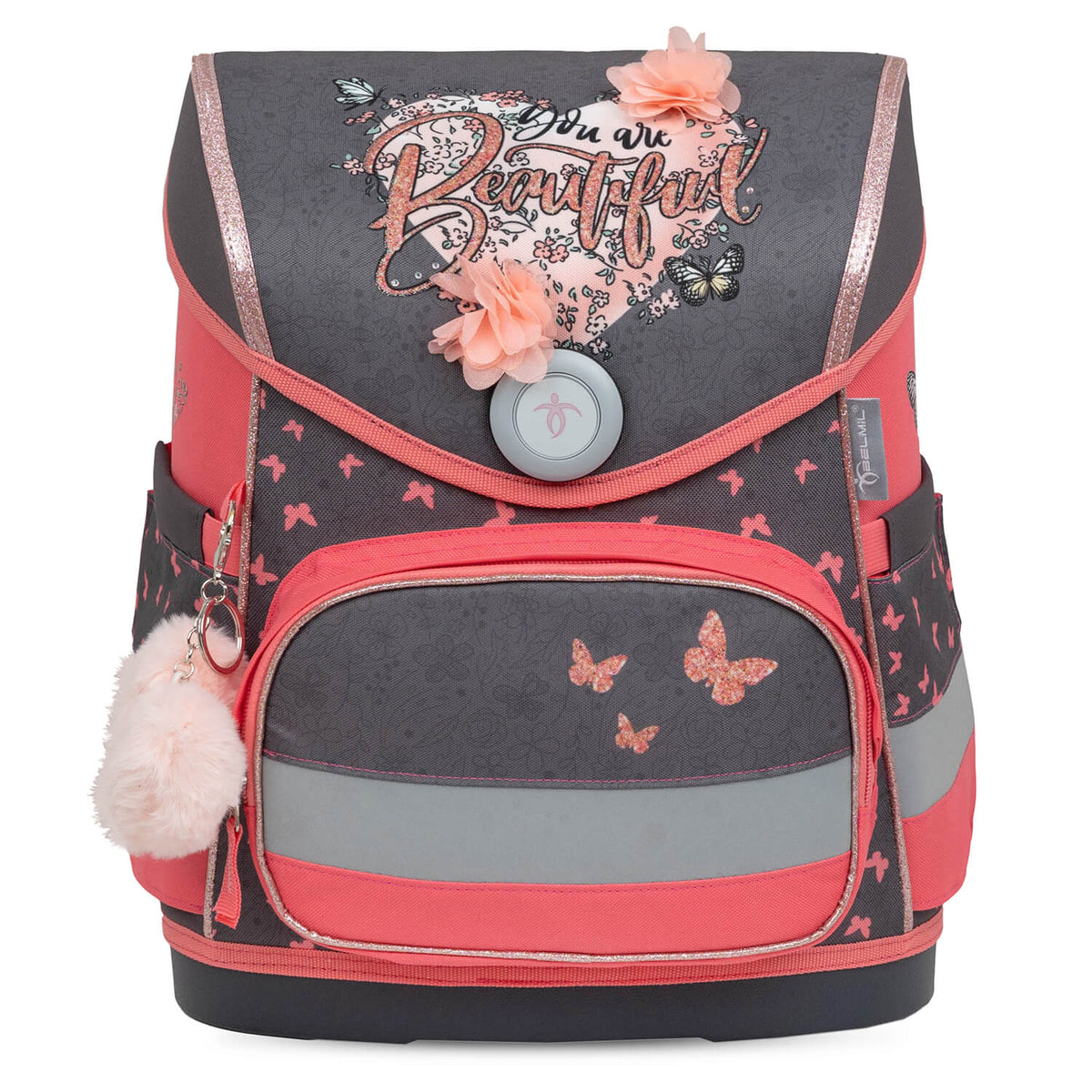 Showcasing the lightweight design of the Belmil Compact Ergonomic School Bag Set “Bloomy Blossom” Design + Unicorn Raincoat – 5-Piece Set for Girls with charming butterfly details.