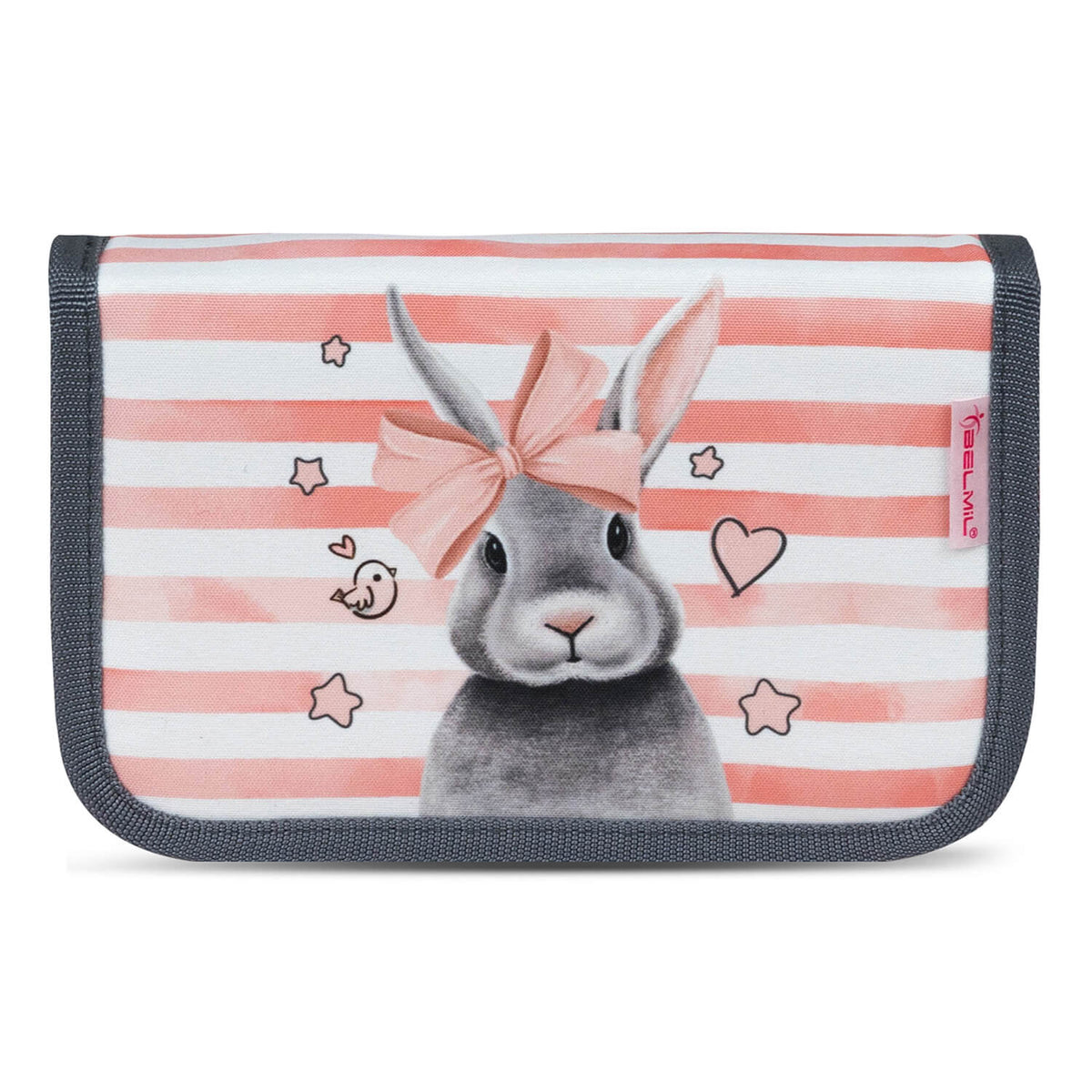 Belmil Compact Ergonomic School Bag Set 'Little Bunnies' Design + Unicorn Raincoat – 5-Piece Set for Girls highlighting the reflective elements for safety.