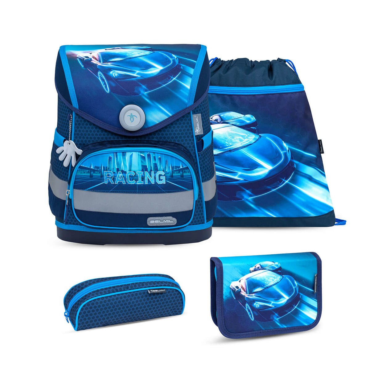 Front view showcasing the Ergonomic School Bag Set for Boys – Belmil Compact Racing Blue Neon schoolbag set 4 pcs with vibrant racing car graphics.