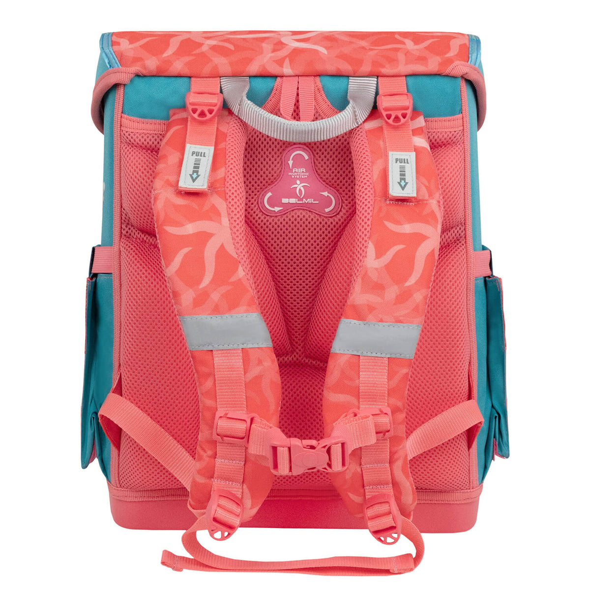 Belmil Compact Ergonomic School Bag Set “Sea Queen” Design + Unicorn Raincoat – 5-Piece Set for Girls displayed with its gym bag and pencil case.