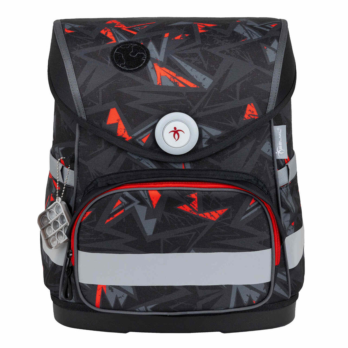 Belmil Compact Ninja School Bag Set – 5-Piece Ergonomic Backpack with AGR Certificate, Fidlock Buckle & 4 Decorative Patches showing the front pocket ideal for storing a pencil case.