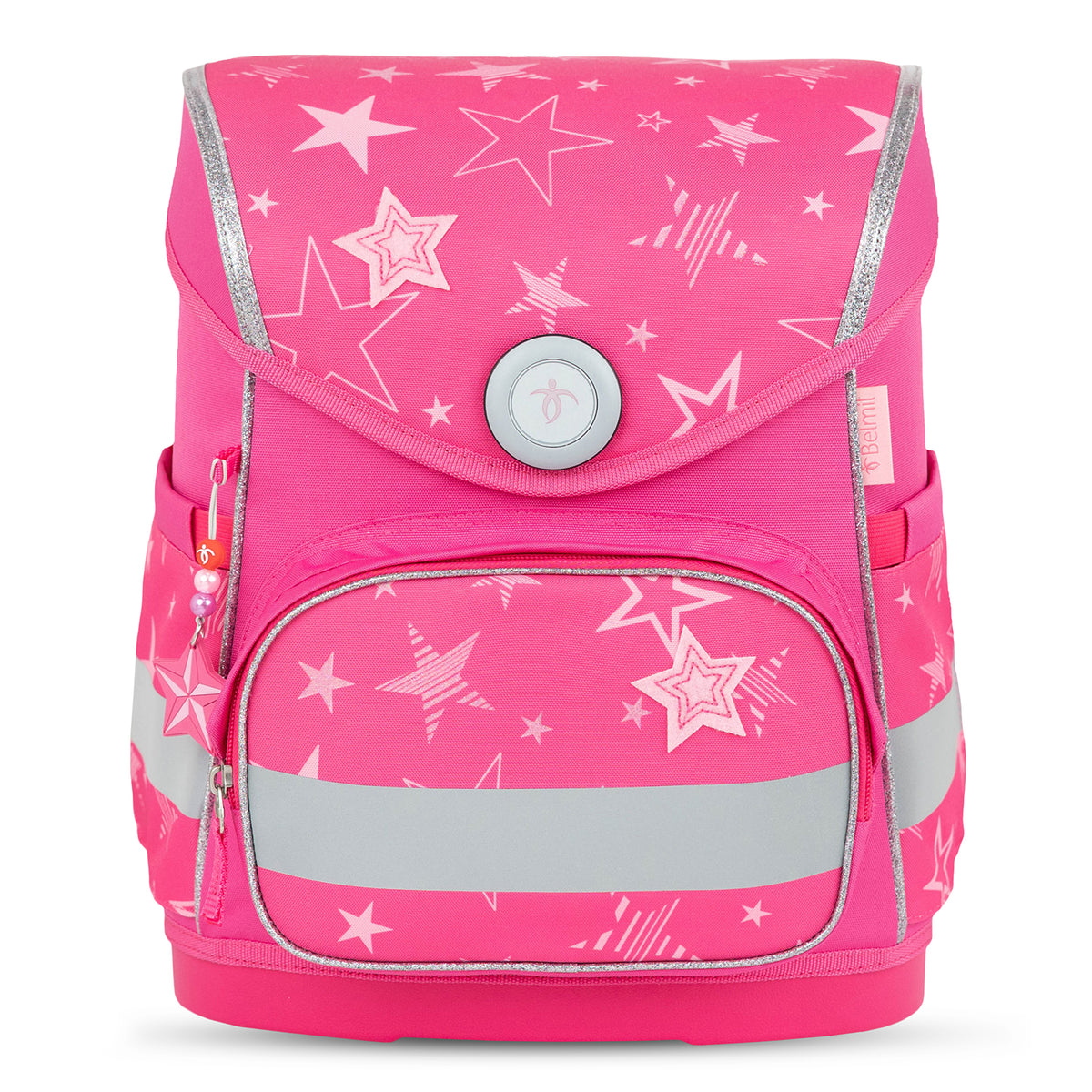 Different angles of the Ergonomic School Bag Set for Girls – Belmil Compact Starry Magic (5 pcs) highlighting its ergonomic shape and breathable back padding.