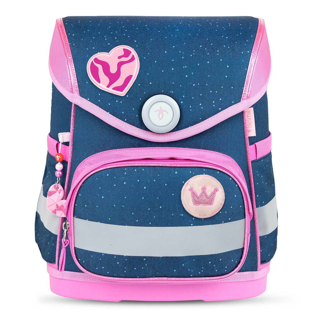 Close-up of the Belmil Compact Ergonomic School Bag Set “Cute Doe” Design + Unicorn Raincoat – 5-Piece Set for Girls featuring the magnetic Fidlock buckle for easy opening.
