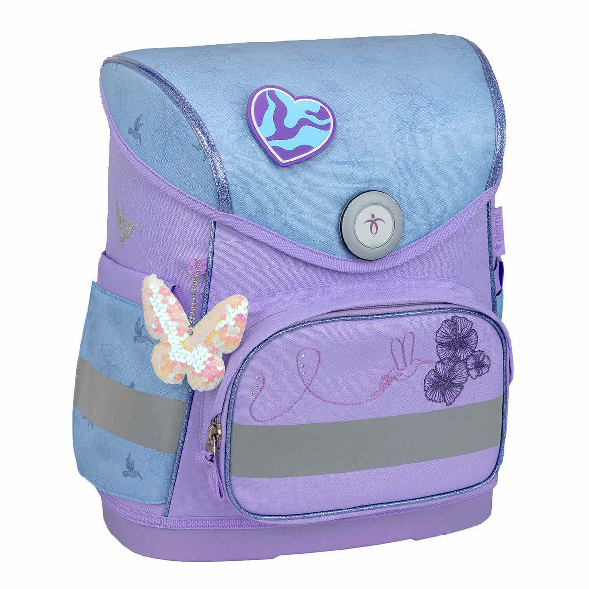 Ergonomic School Bag Set for Girls – Belmil Compact Tropical Hummingbird with the removable decorative patch for customization.