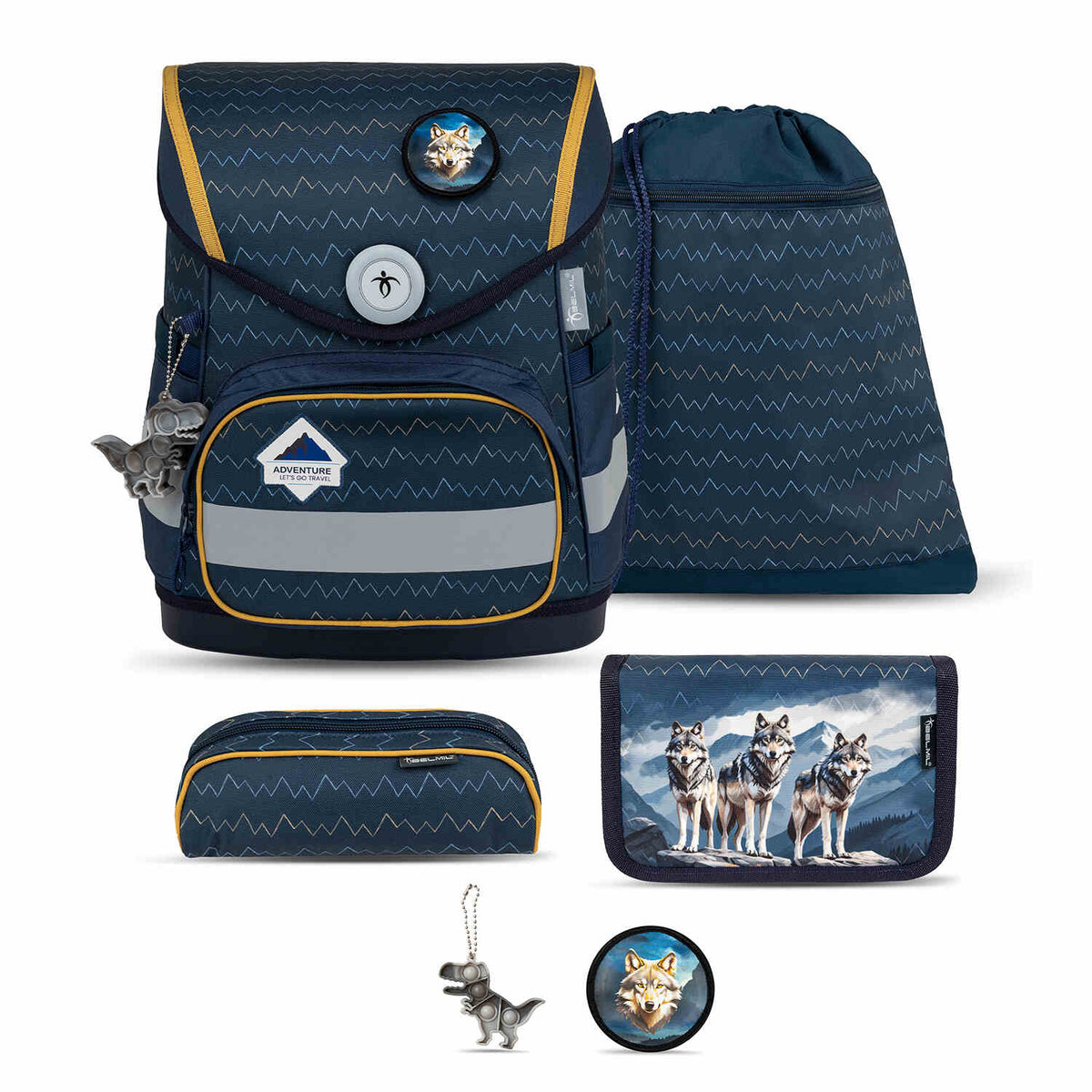 Ergonomic School Bag Set for Boys – Belmil Compact Wolves schoolbag set featuring a rugged wolf pack design with mountain backdrop, ergonomic shape, and breathable back padding for comfort.