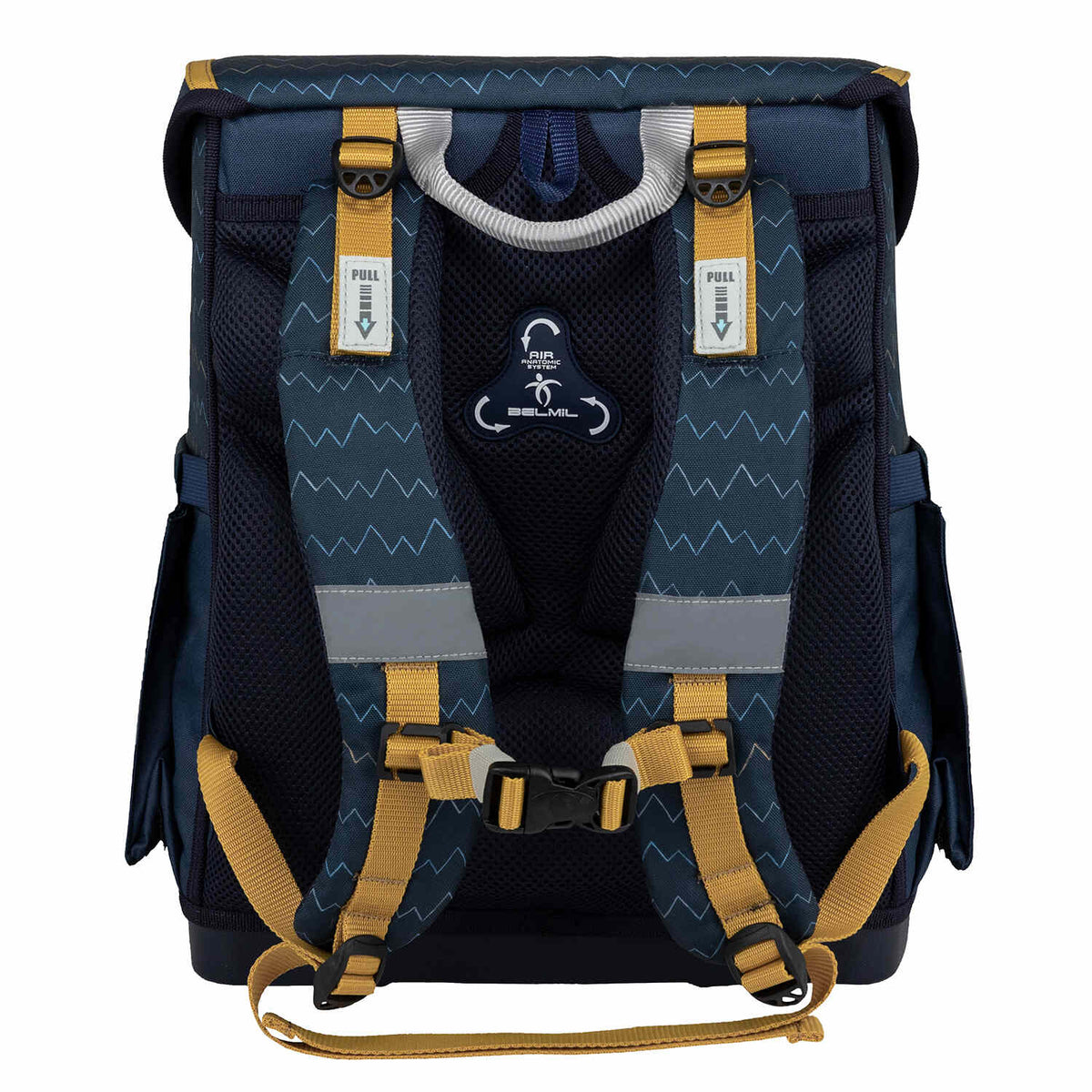 Demonstration of the Belmil Compact Wolves School Bag Set – 5-Piece Ergonomic Backpack with AGR Certificate, Fidlock Buckle & 4 Decorative Patches filled with school essentials.