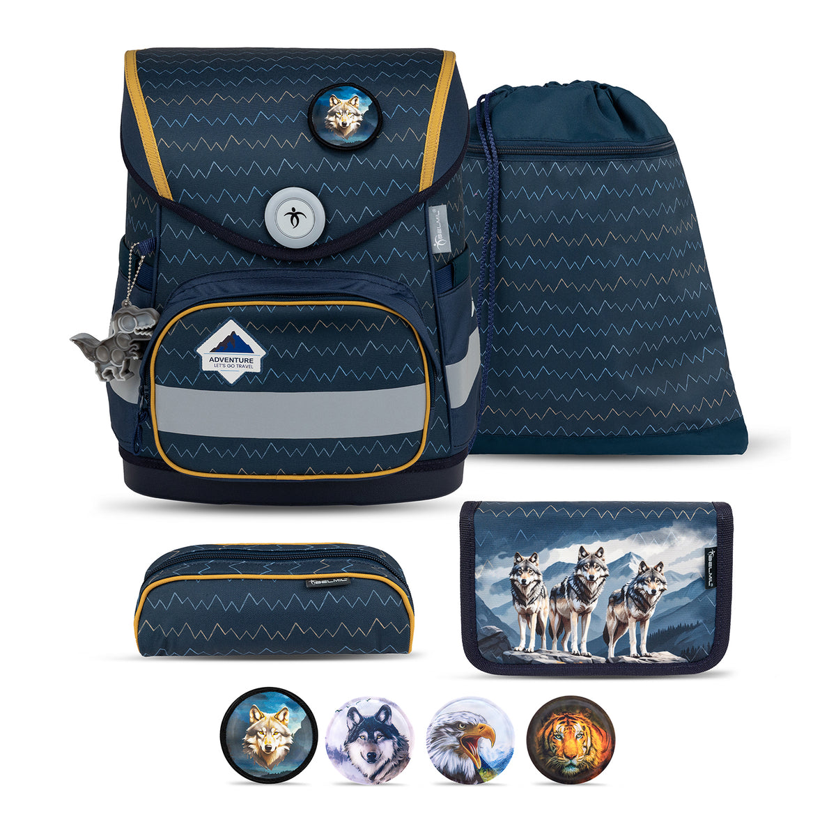 Belmil Compact Wolves School Bag Set – 5-Piece Ergonomic Backpack with AGR Certificate, Fidlock Buckle & 4 Decorative Patches displayed with decorative patches and accessories.