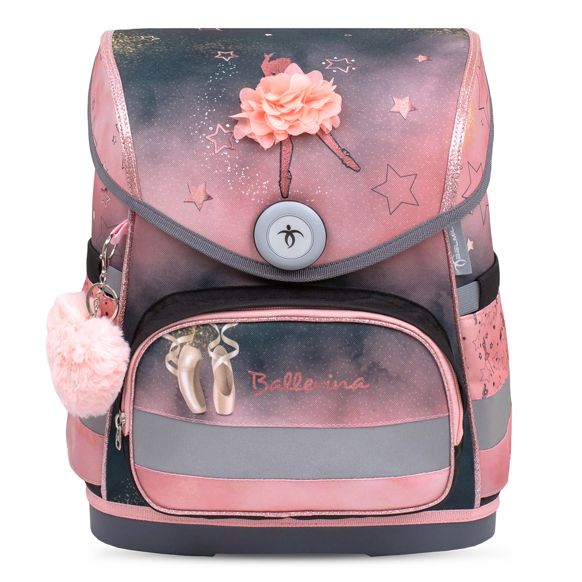 The stylish Belmil Compact Ergonomic School Bag Set “Ballerina Black Pink” Design with matching Unicorn Raincoat – perfect 5-Piece Set for Girls.