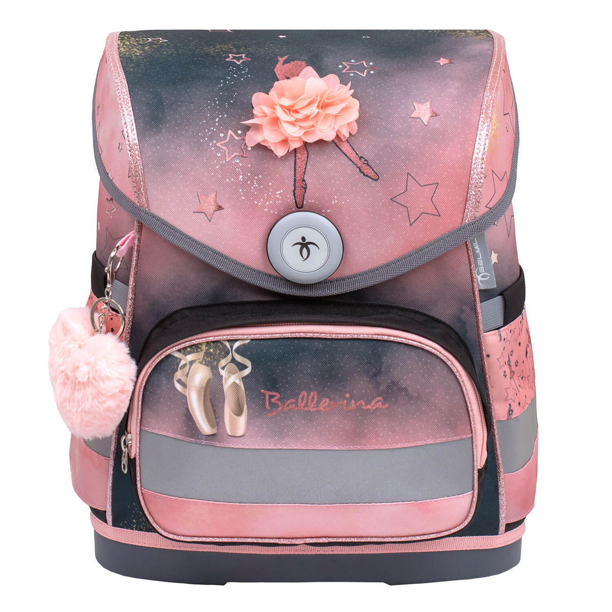 Various compartments of the Compact Ballerina Black Pink schoolbag set 4 pcs, ideal for organizing school supplies, from Belmil's Ergonomic School Bag Set for Girls.