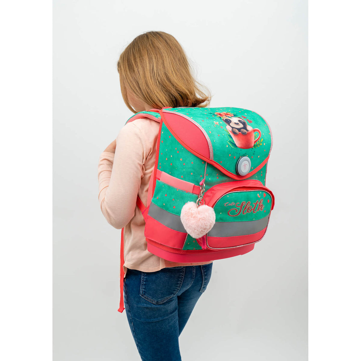 Adjustable shoulder straps of the Belmil Compact Ergonomic School Bag Set “Cute Sloth” Design + Unicorn Raincoat – 5-Piece Set for Girls, perfect for little girls.