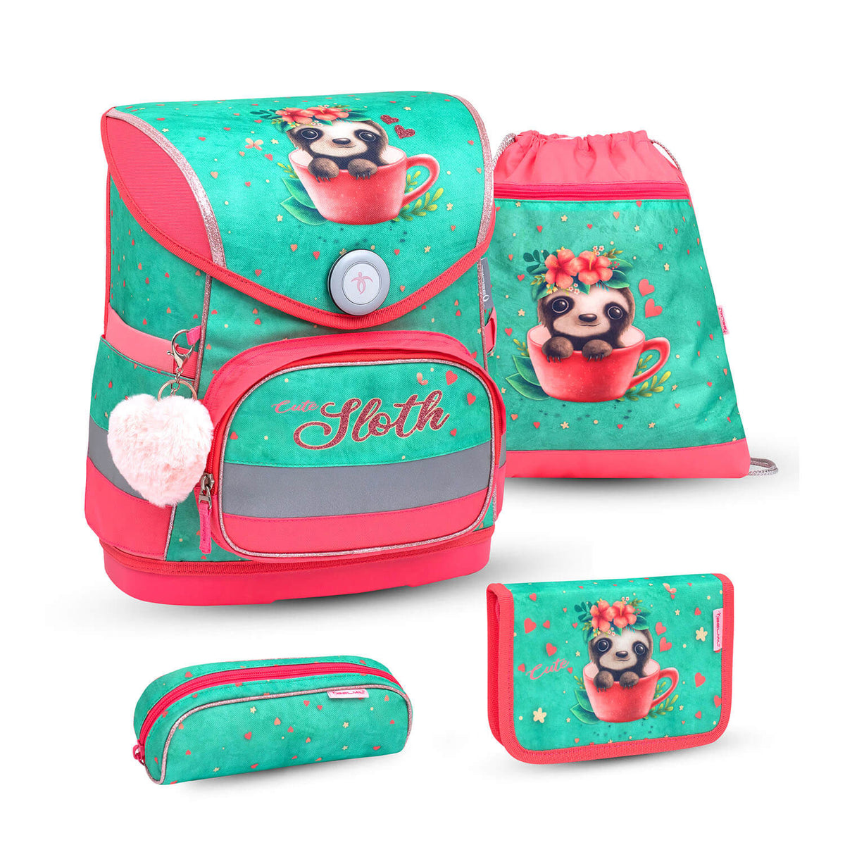 Stylish Belmil Compact Ergonomic School Bag Set “Cute Sloth” Design + Unicorn Raincoat – 5-Piece Set for Girls on display, highlighting its unique pastel tones and playful sloth graphics.