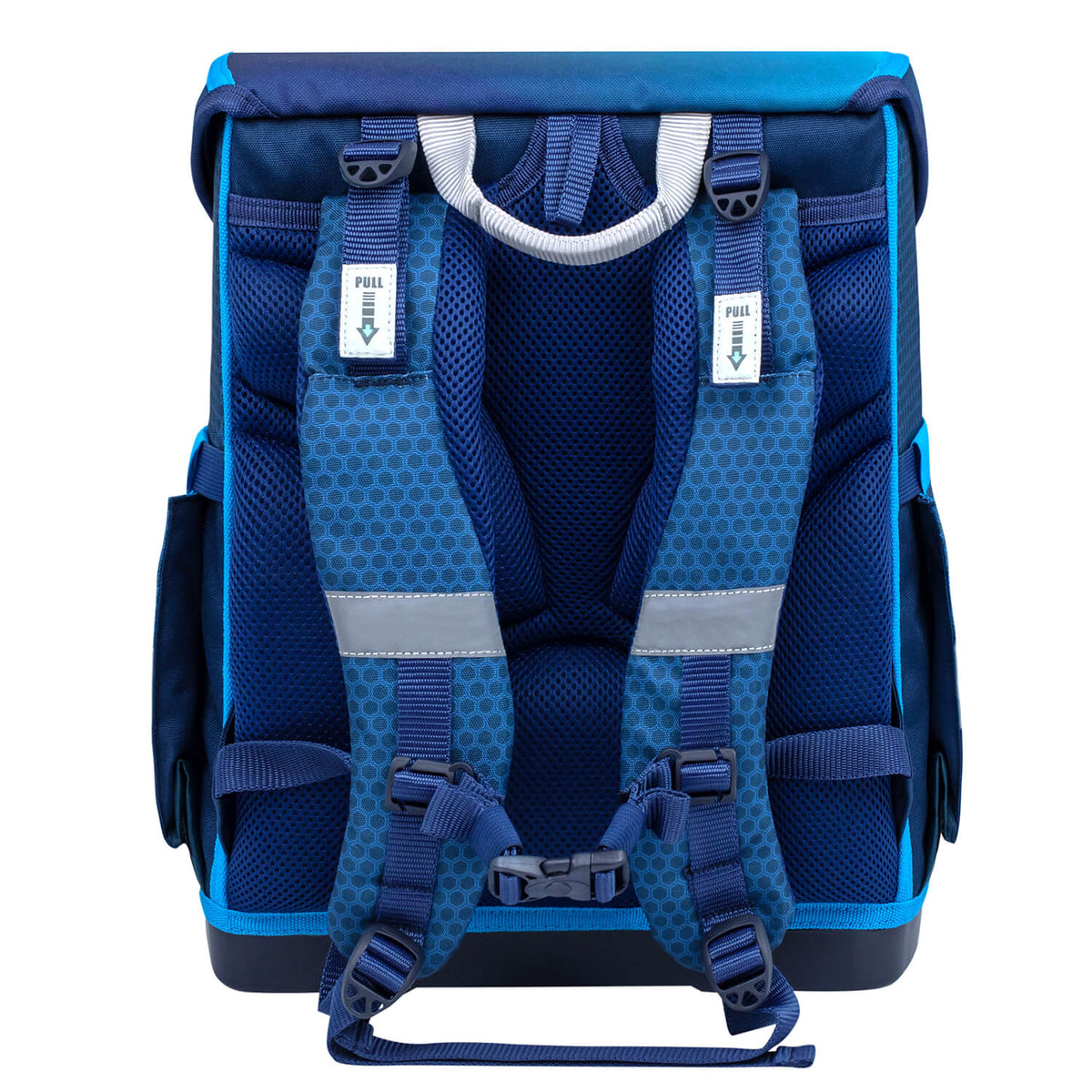 Showing the spacious compartments inside the Ergonomic School Bag Set for Boys – Belmil Compact Racing Blue Neon schoolbag set 4 pcs.