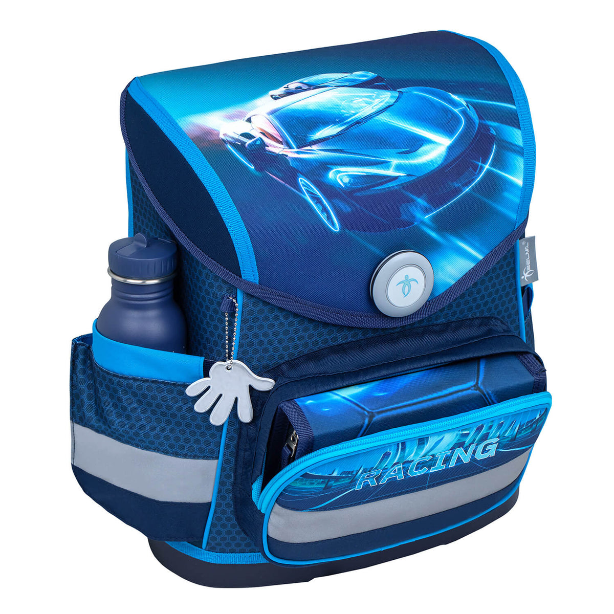Dynamic blue racing graphics on the Ergonomic School Bag Set for Boys – Belmil Compact Racing Blue Neon schoolbag set 4 pcs.