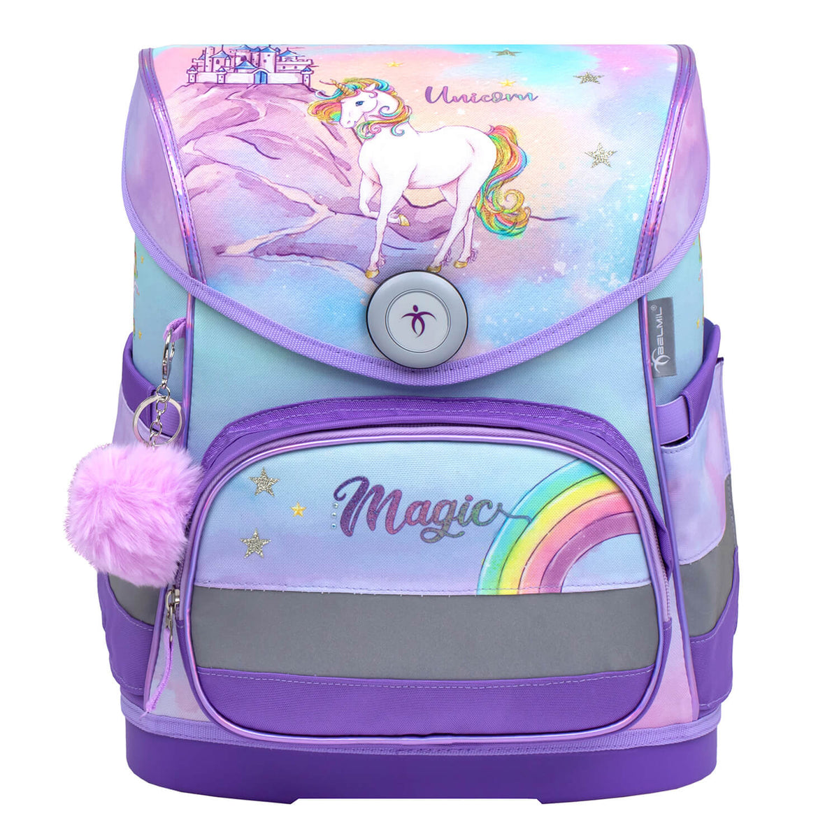 The complete Ergonomic School Bag Set for Girls – Belmil Compact Rainbow Unicorn Magic schoolbag set 4 pcs, including gym bag and pencil case.