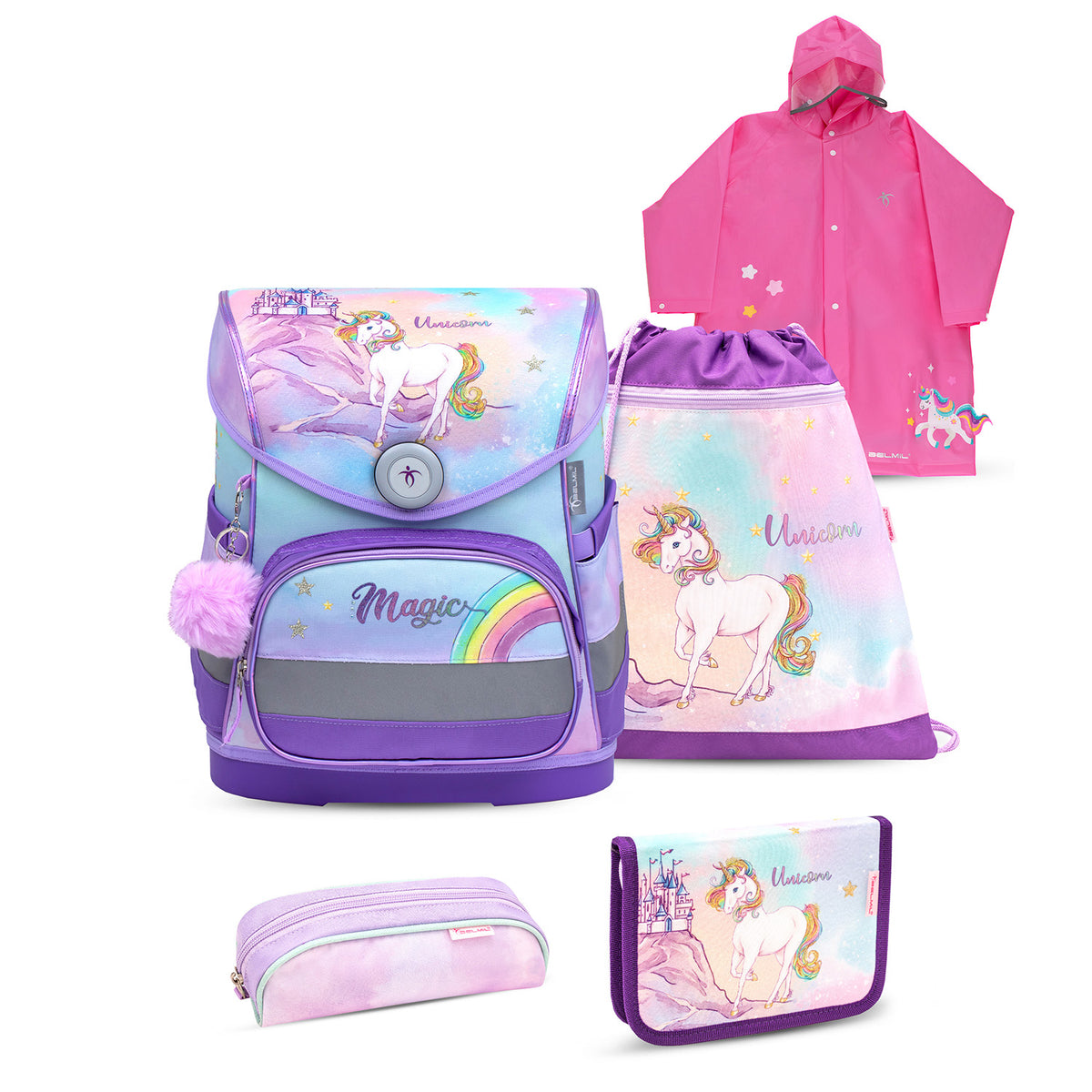 Belmil Compact Ergonomic School Bag Set “Rainbow Unicorn Magic” Design + Unicorn Raincoat – 5-Piece Set for Girls showcasing its colorful unicorn design.