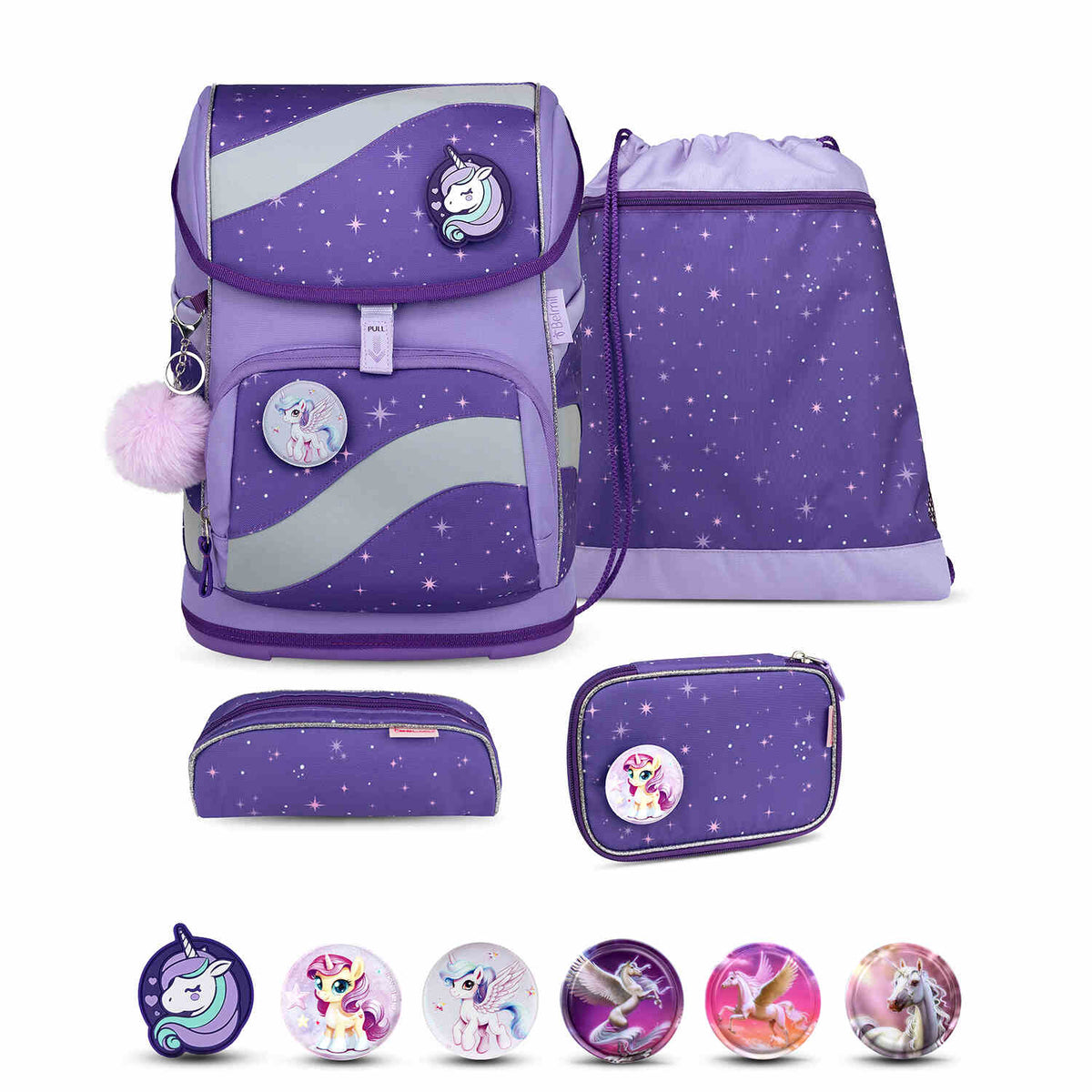 Ergonomic School Bag Set for Girls – Belmil Smarty Starlight schoolbag set 5 pcs featuring a colorful design.