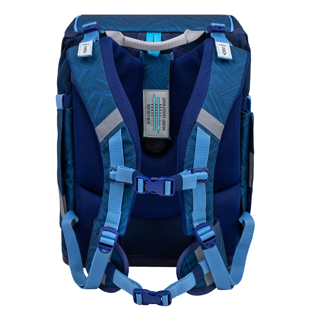 The vibrant blue and grey design of the Belmil Smarty Blue Motion Ergonomic School Bag Set – 5-Piece Set with 9 Interchangeable Patches and Hip Belt, appealing to school children.