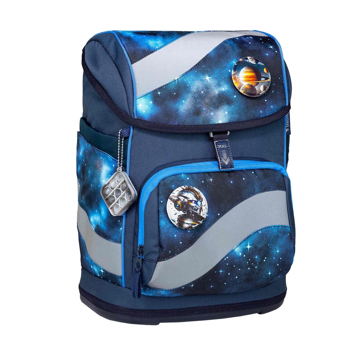 Smart internal organizer of the Belmil Smarty Galaxy Light School Bag, featuring side pockets for water bottles and small items.