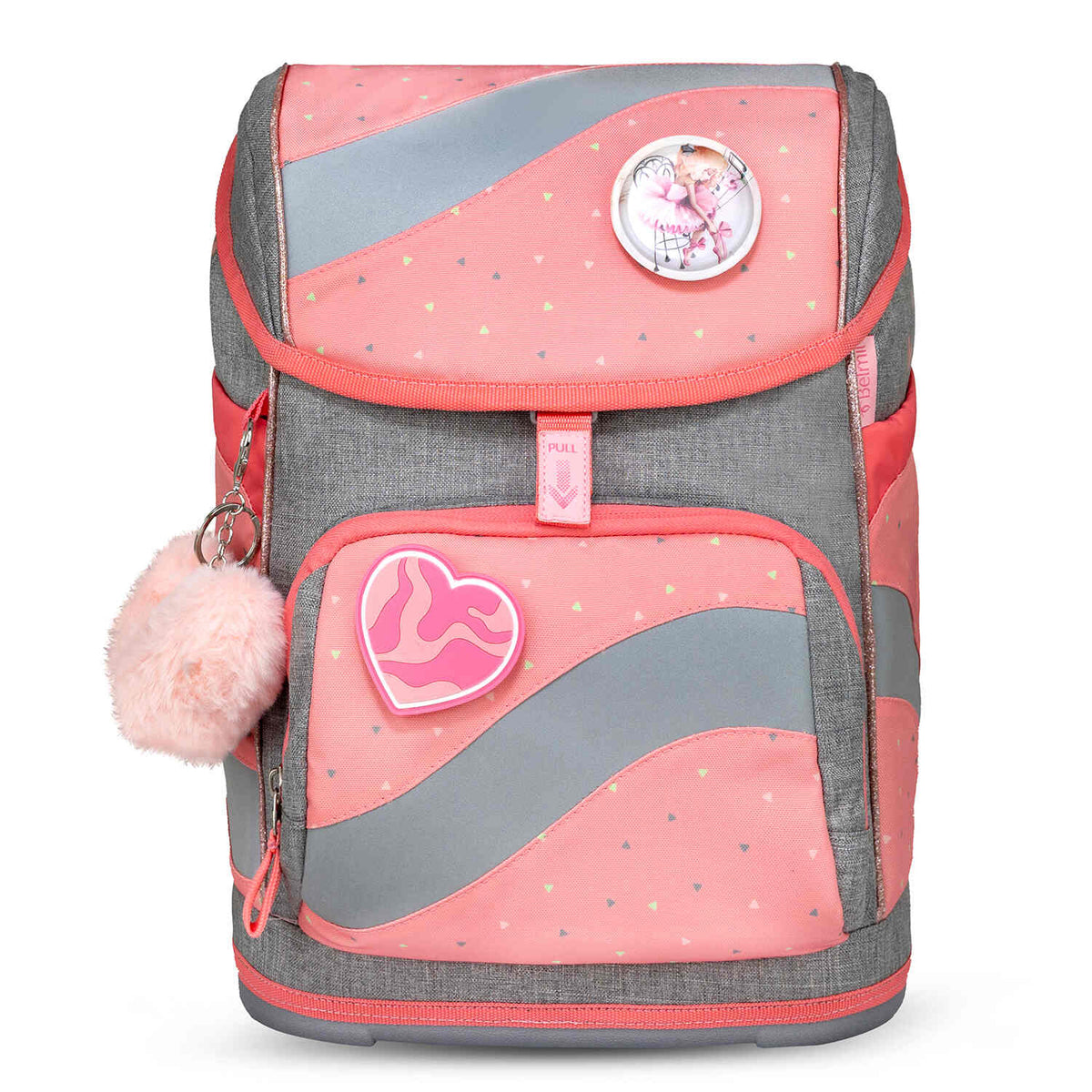 Close-up view of the Belmil Smarty Minimal Triangels Ergonomic School Bag Set – 5-Piece Set with 9 Interchangeable Patches and Hip Belt, showcasing its pink and gray design, and fuzzy charm.