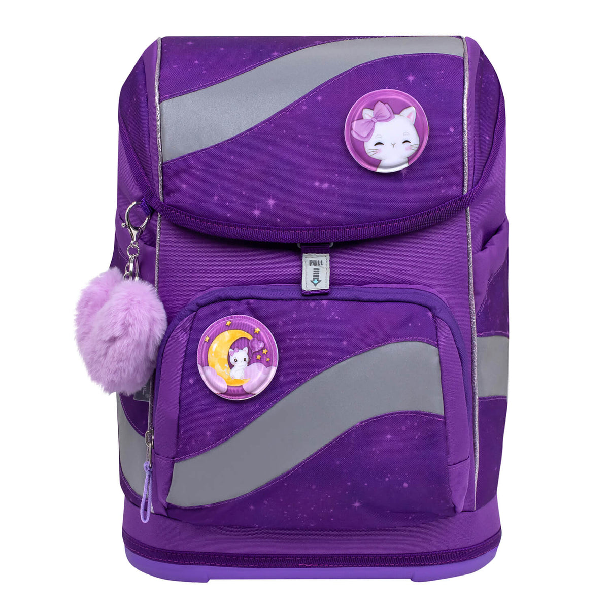 Close-up of the Belmil Smarty Purple Sky Ergonomic School Bag Set – 5-Piece Set with 9 Interchangeable Patches and Hip Belt, showcasing its unique features like the fluffy keychain and colorful patches, perfect for girls to personalize their school gear in 2025 from SALE.