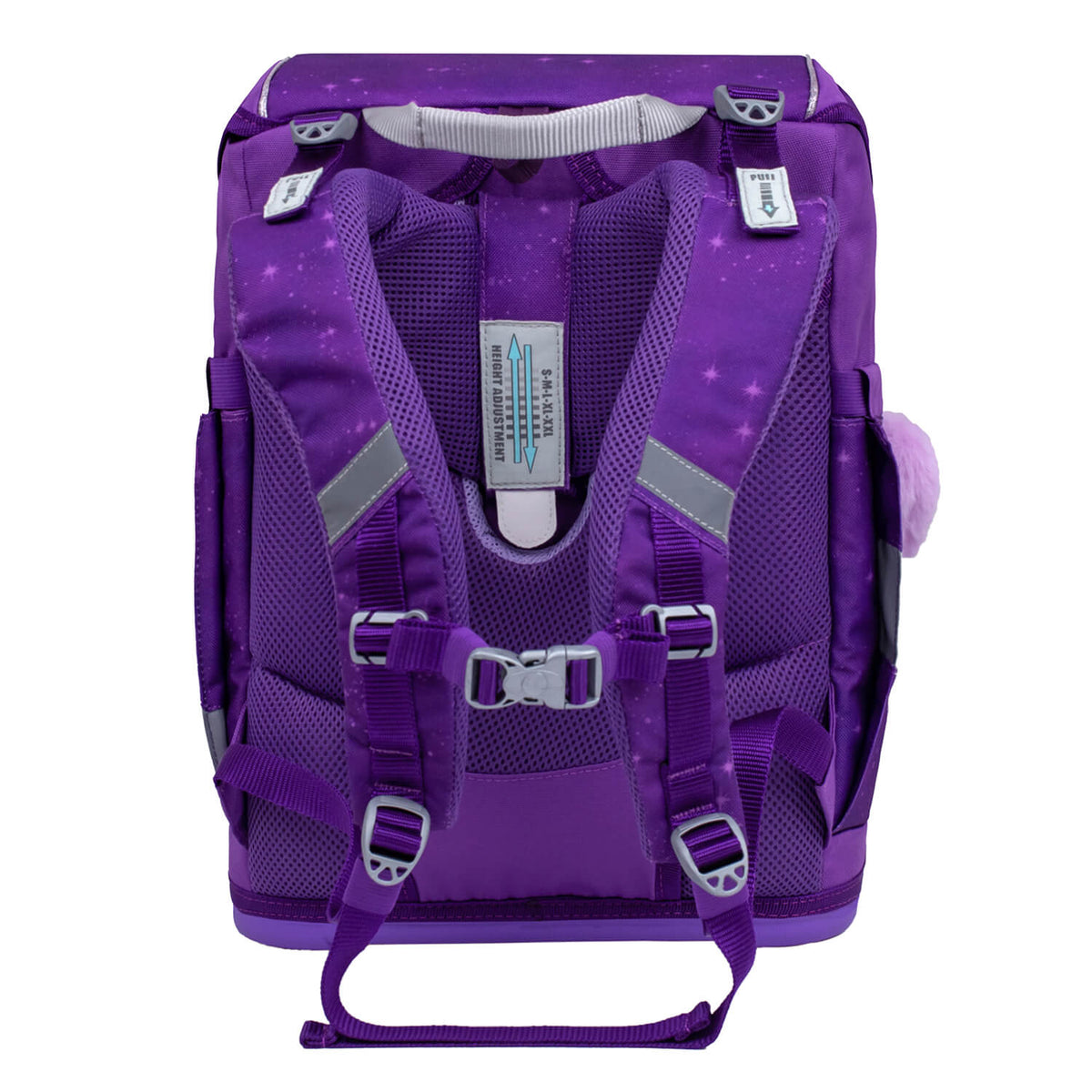Illustration of the exterior of the Belmil Smarty Purple Sky Ergonomic School Bag Set – 5-Piece Set with 9 Interchangeable Patches and Hip Belt, featuring sleek design and vibrant details. Perfect for school in 2025 and available for SALE.
