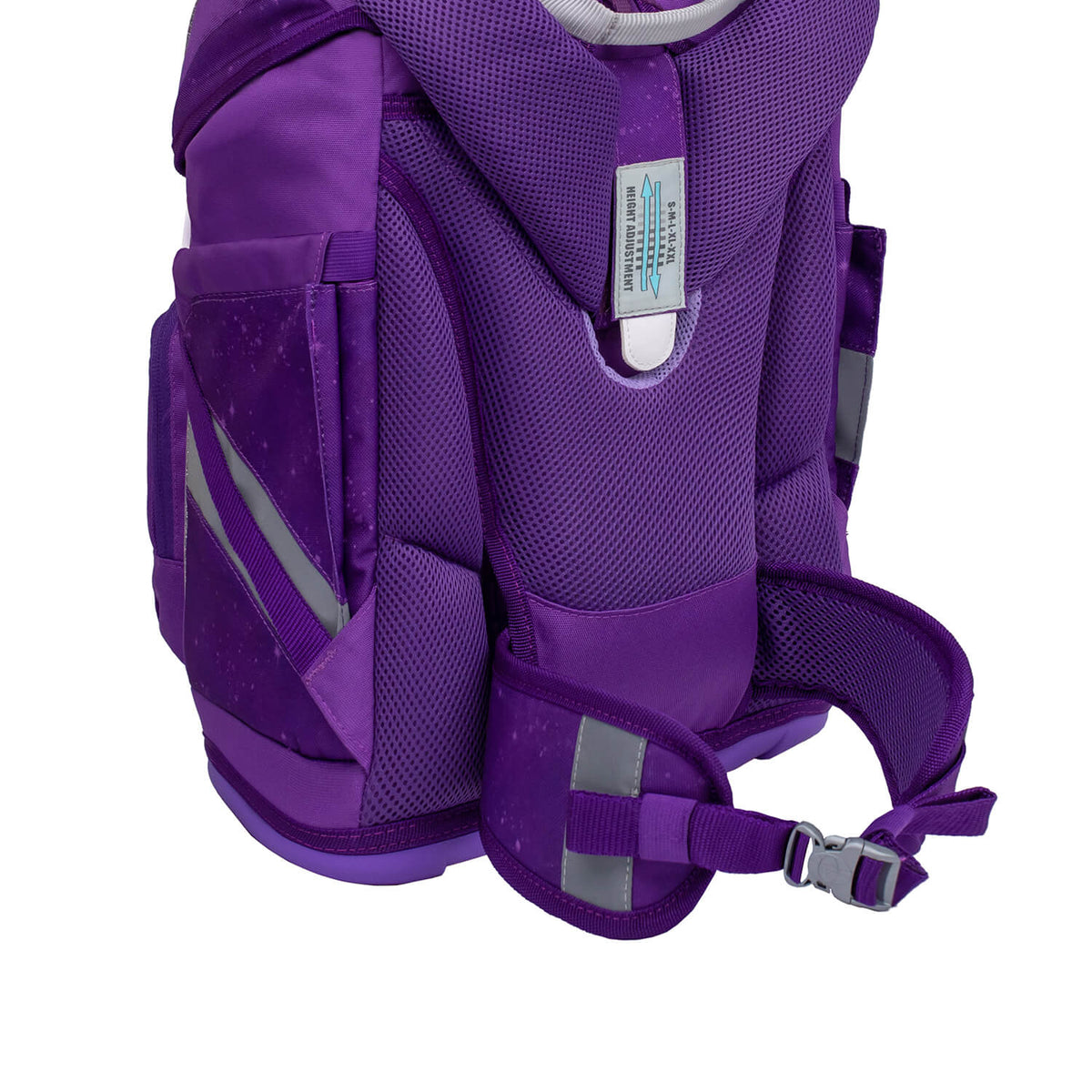 Back view of the Belmil Smarty Purple Sky Ergonomic School Bag Set – 5-Piece Set with 9 Interchangeable Patches and Hip Belt displaying adjustable straps and ergonomic support, a must-have for girls in school in 2025 from SALE.