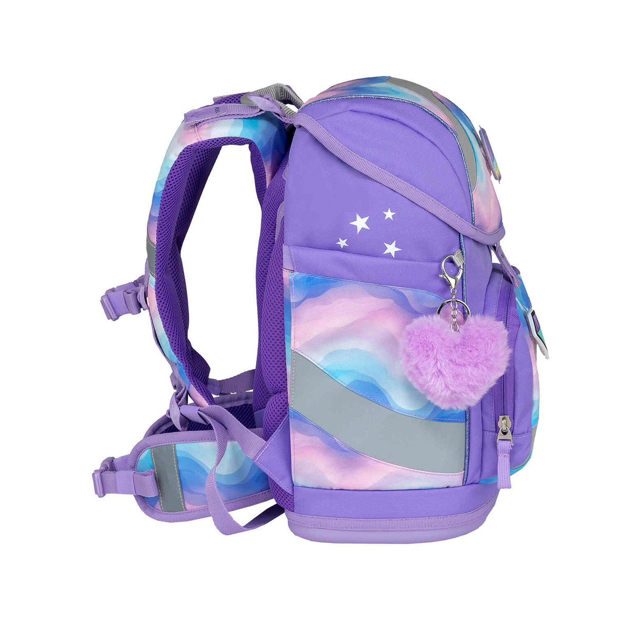 A side view of the Belmil Smarty Rainbow Land Ergonomic School Bag Set – 5-Piece Set with 9 Interchangeable Patches and Hip Belt showing its lightweight construction.