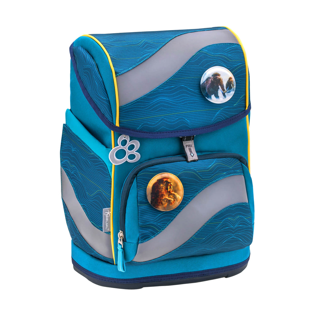 The adjustable shoulder straps of the Belmil Smarty Waves Orange Ergonomic School Bag Set – 5-Piece Set with 9 Interchangeable Patches and Hip Belt provide comfort.