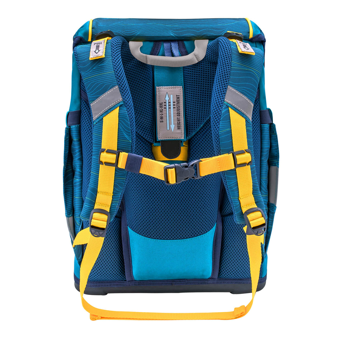 The design details of the Belmil Smarty Waves Orange Ergonomic School Bag Set – 5-Piece Set with 9 Interchangeable Patches and Hip Belt with dynamic patterns.