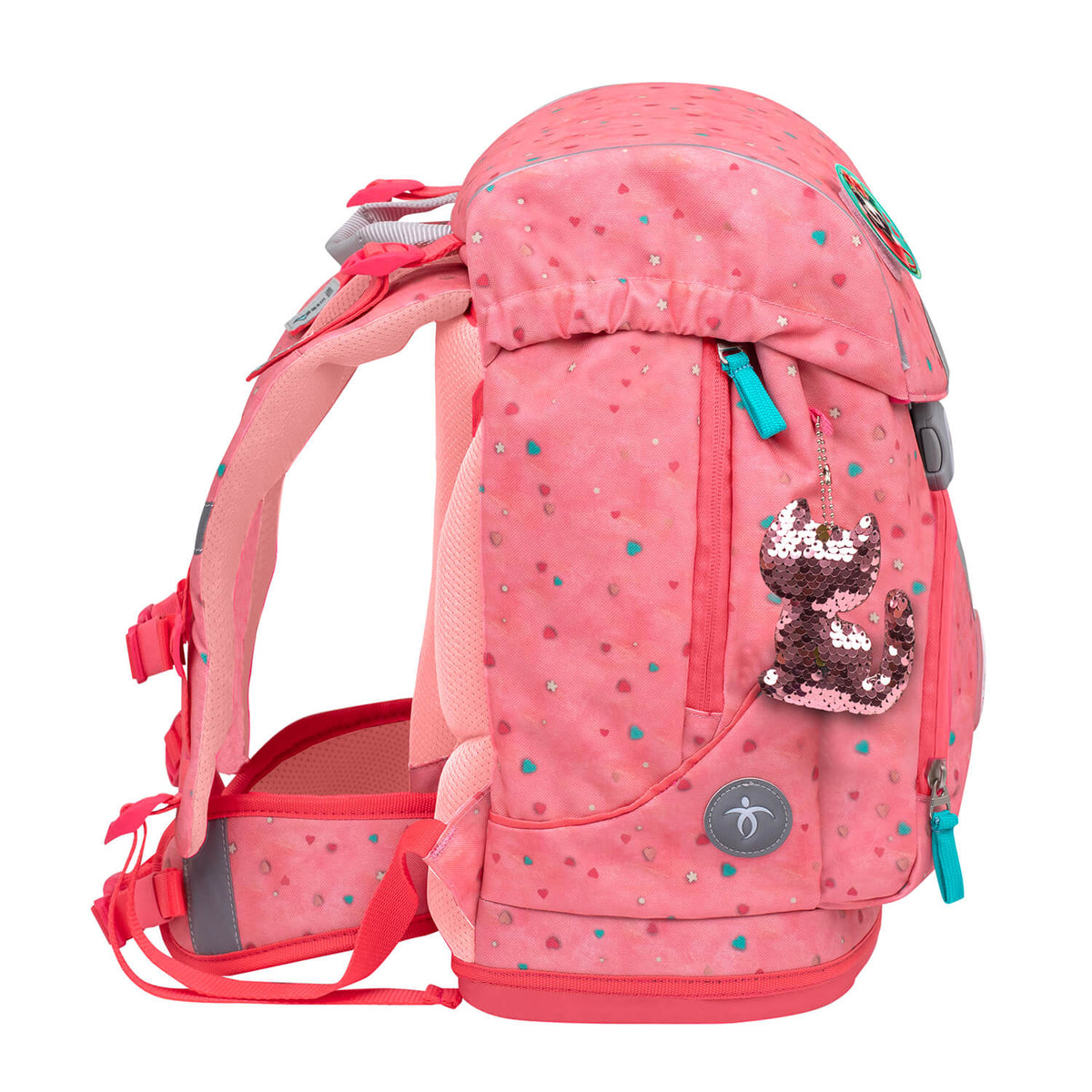 Ergonomic School Bag Set for Girls – Belmil Motion Blue Bird schoolbag set 5 pcs highlighting the removable hip belt for extra comfort.