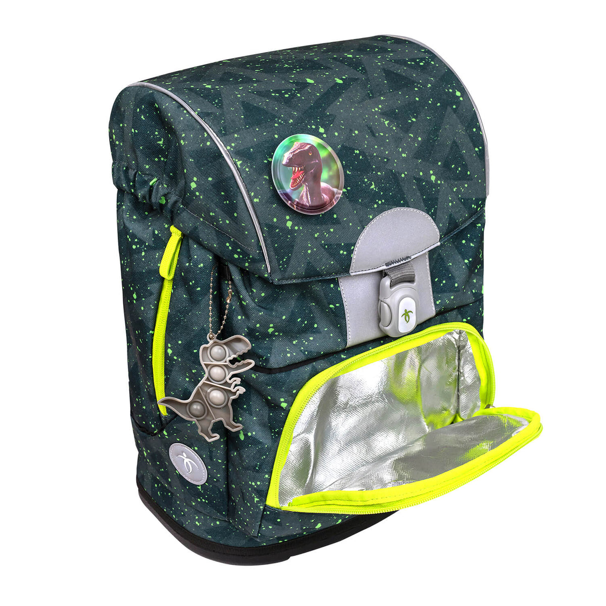Display of the Belmil school bag close-up, emphasizing the stylish green splash design and functionality.